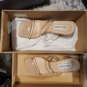 Steve Madden Beige Nude Square-Toe Slide Sandals with Clear Straps